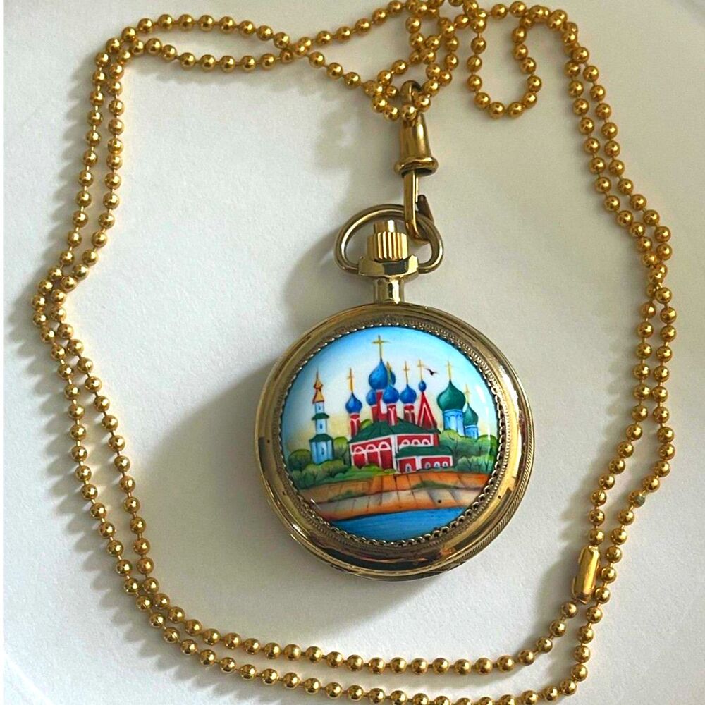 Vtg Russian Cathedral Pocket Watch Enamel Hand-Painted Domed Church Chaika USSR